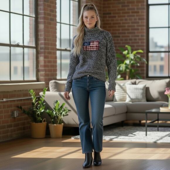 American Flag Sweater Turtleneck Patriotic Marled Knit Y2K - Picture 8 of 8